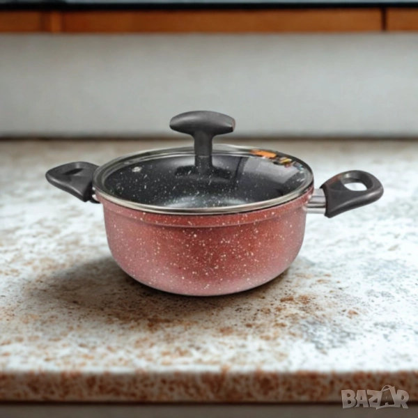 Тенджера Rosberg, 22 см, 4.3 л, Мраморно незалепващо покритие, Индукция, Бордо Меланж, снимка 1