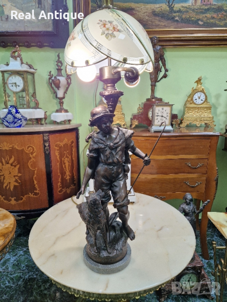 Прекрасна голяма антикварна френска бронзова фигурална лампа , снимка 1