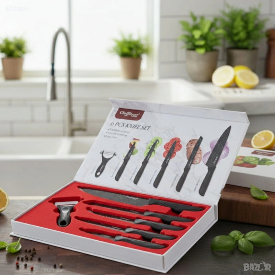 Комплект кухненски н о ж о в е Cheffinger MB09 – 6 части с мраморно покритие и магнитна кутия, снимка 1