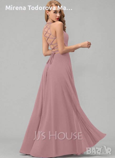 Абитуриентски рокли от шифон с дължина до пода с трапезарно деколте и разцепена предна част EU38 M-1, снимка 1