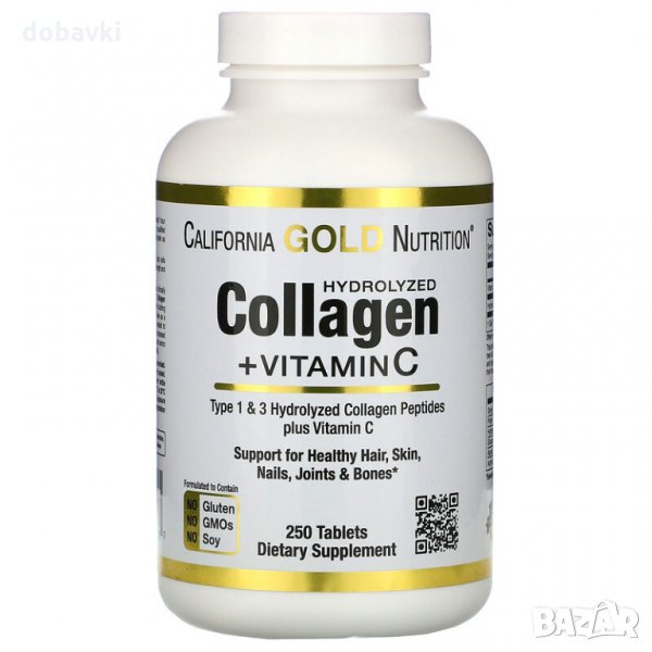 Колаген California Gold Nutrition Hydrolyzed Collagen Peptides + Vitamin C, Type 1 & 3, 250 таблетки, снимка 1
