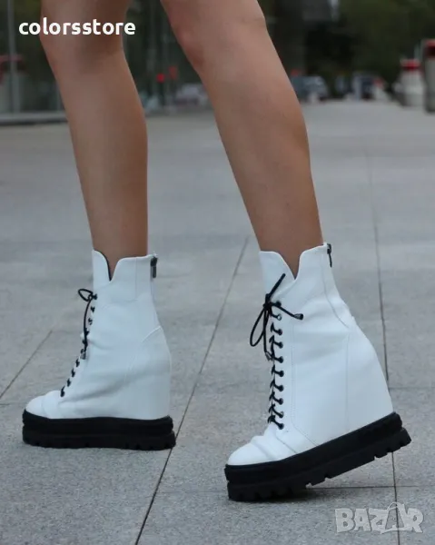 Боти на платформа - бяла кожа с черно ходило - BPL25, снимка 1