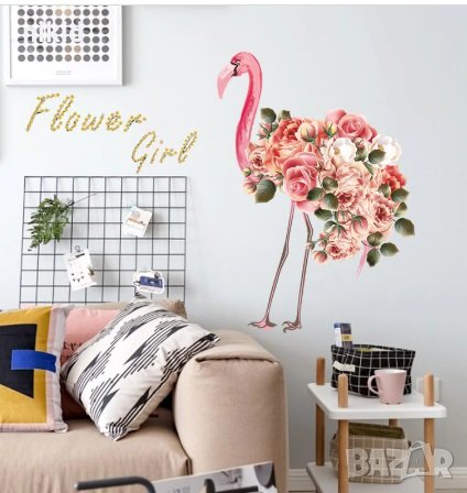 Фламинго с цветя опашка стикер за стена и мебел стая самозалепващ, снимка 2 - Други - 29426747