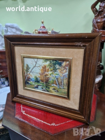 Прекрасна антикварна авторска картина емайл , снимка 5 - Картини - 52323145