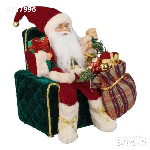 Коледна фигура Дядо Коледа във фотьойл с подаръци, със звук и LED