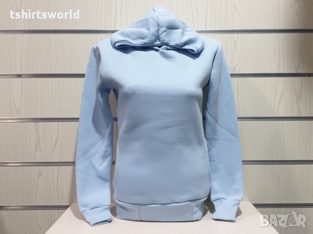 Нов дамски светлосин суичър с качулка и джобчета, снимка 5 - Суичъри - 30655634