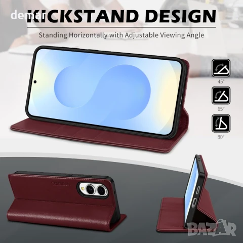 SHIELDON Кейс за Galaxy S25 Edge 5G 6.7", магнитен портфейл от естествена кожа със стойка,RFID-бордо, снимка 5 - Калъфи, кейсове - 50586363