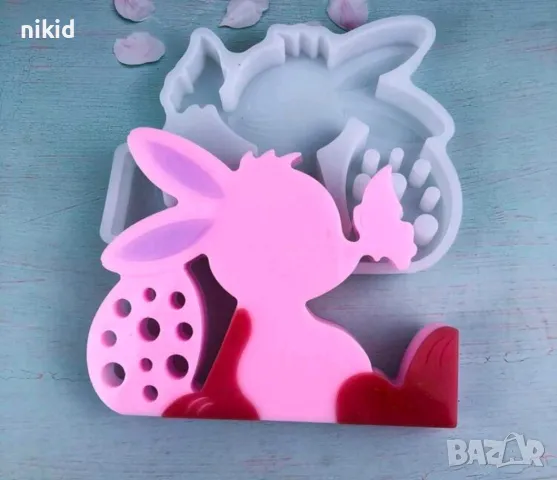 Заек зайче с кацнала пеперуда и яйце Великденски силиконов молд форма смола шоколад гипс декор пано, снимка 4 - Форми - 49092797
