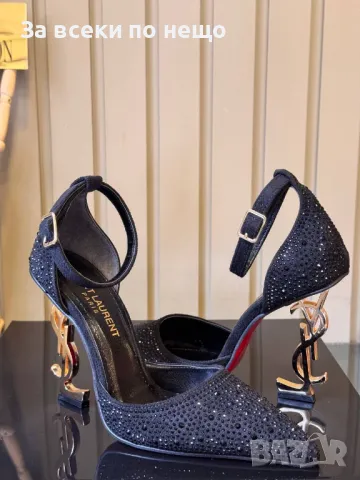 Yves Saint Laurent Дамски Черни Сандали Със Златен Метален Ток Код E269, снимка 2 - Сандали - 50414521