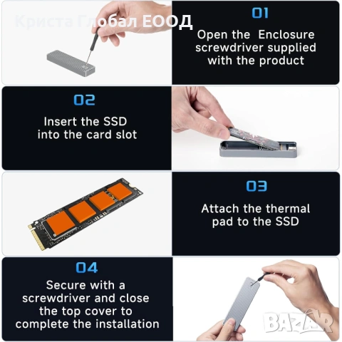 Професионален NVMe/SATA Корпус с S.M.A.R.T. LCD Екран и Реално Охлаждане | 10Gbps, снимка 7 - Друга електроника - 54005160