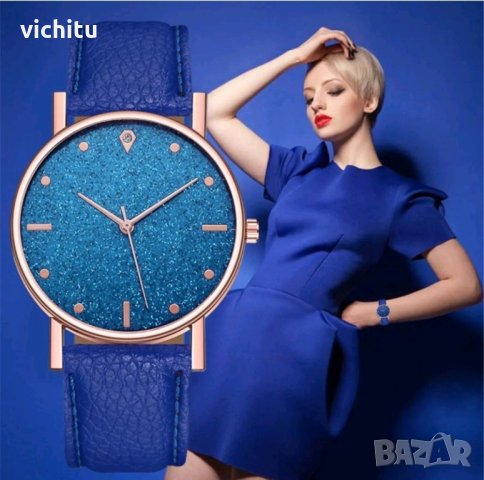 Страхотен нов син дамски ръчен часовник с кожена каишка и брокатно излъчване, снимка 1 - Дамски - 44380042