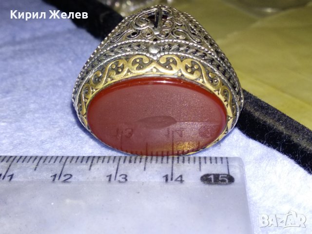 ОГРОМЕН СТАР ТУРСКИ СРЕБЪРЕН СКЪПОЦЕНЕН РЕТРО ПРЪСТЕН СРЕБРО 925 с ПОЛИРАН КАРНЕОЛ в ПОЗЛАТА 30747, снимка 8 - Антикварни и старинни предмети - 40575365