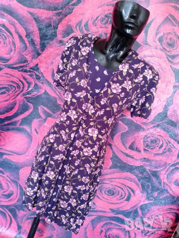 Лилава ретро рокля с връзки на гърба на флорални мотиви Л, снимка 1