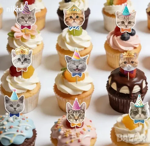 Коте Котка Happy Birthday картонен топер 12 бр топери украса декор парти рожден ден торта мъфини, снимка 8 - Други - 51394601