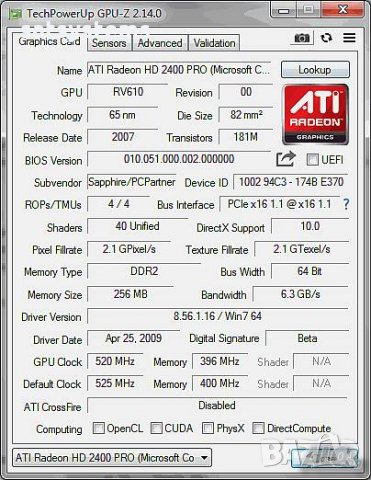 Видео карта ATi Radeon Sapphire HD 2400 Pro 256MB GDDR2 64-bit PCI-E, снимка 8 - Видеокарти - 35239880