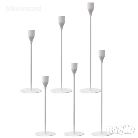 Комплект от 6 метални свещника за конусовидни свещи 33/28/23 см, винтидж декорация за дома  бял НОВИ