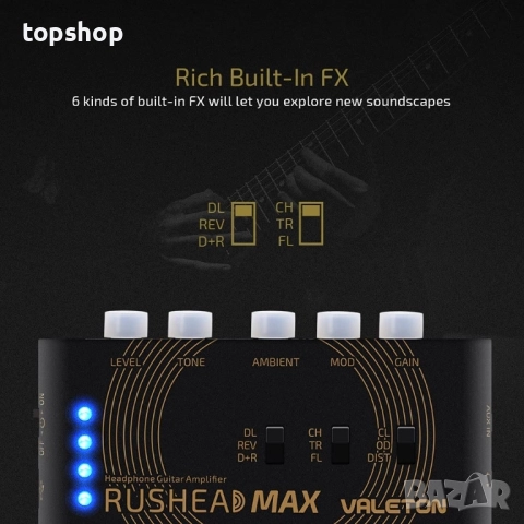 Нов Valeton Rushead Max USB зареждащ се преносим джобен усилвател за китара, бас, слушалки, преносим, снимка 7 - Ресийвъри, усилватели, смесителни пултове - 51615244