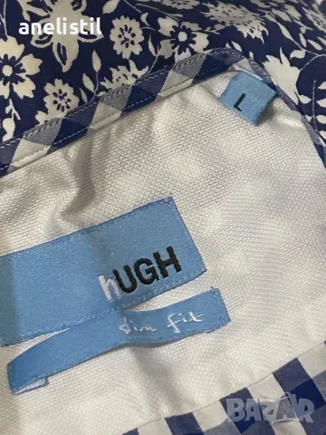 Мъжка риза HUGH – Slim Fit, размер L, синьо-бяло каре, снимка 3 - Ризи - 55772880