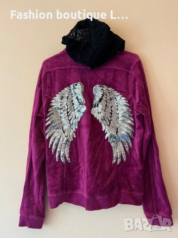 Цикламен плюшен суитчър с цип и качулка , а на гърба ангелски крила от сребърни пайети 80% памук 🩷