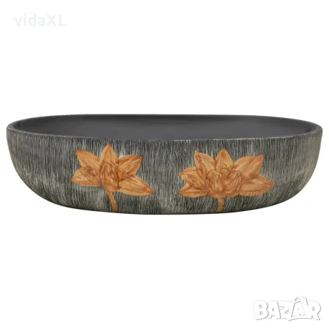 vidaXL Мивка за плот, сиво и черно, овална, 59x40x14 см, керамика, снимка 3 - Мивки - 56146186