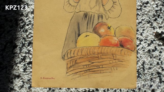 СТАРА КАРТИНА ДЕТЕ С ЯБЪКИ 40-те г. акварел /ЛИЛЯНА НИКОЛОВА, снимка 4 - Картини - 29111355
