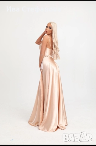 Нова дълга официална парти коктейлна екрю бежова рокля сатен сатенена дизайнер Дидо Георгиев , снимка 9 - Рокли - 50042834