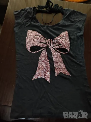 Bershka дамска тениска с панделка от пайети, М, снимка 1