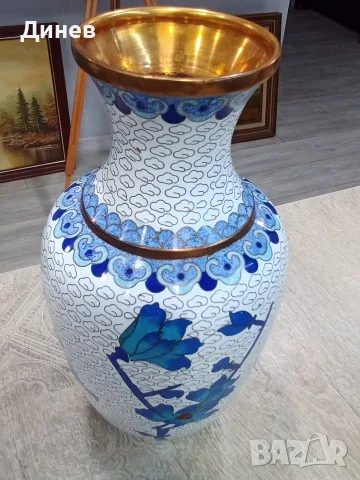 Китайска ваза Клоазоне (Cloisonné) – изящна изработка от мед, емайл и позлата (21х11 см), снимка 5 - Вази - 55946336