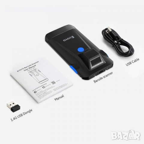 Скенер за баркод Eyoyo, Bluetooth 1D 2D QR код, ръчен скенер със скоба за гърба, USB и безжичен, 7 ч