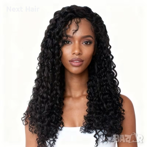 Черна афро къдрава перука с дантелена зона 13×4 - синтетична, 65 см, снимка 4 - Аксесоари за коса - 52900154