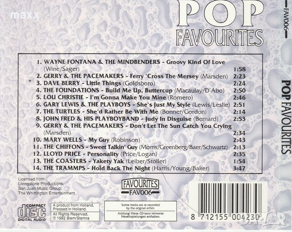 диск CD  Various – Pop Favourites, 1992, снимка 2 - CD дискове - 29143738