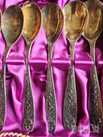 лъжички, позлатени от мелхиор нови,к-т 6 броя, мод. "Хмель" + 7 вилици и 5 лъжици от модела, от СССР, снимка 2 - Прибори за хранене, готвене и сервиране - 49695257