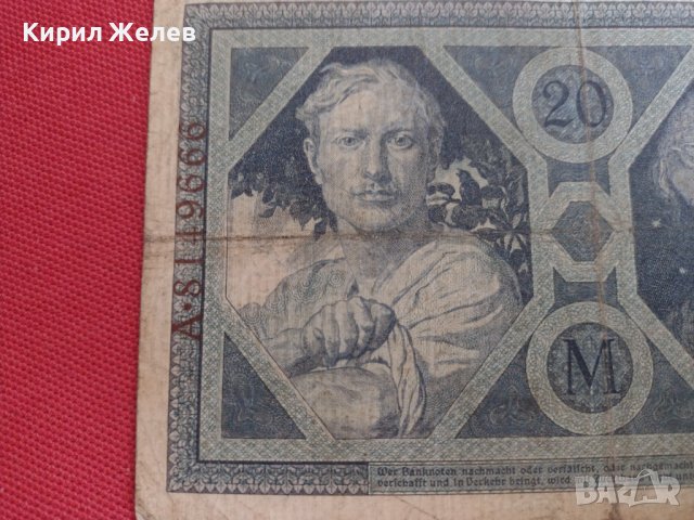 Райх банкнота 20 марки 1915г. Германия рядка за колекционери 28277, снимка 8 - Нумизматика и бонистика - 37142086