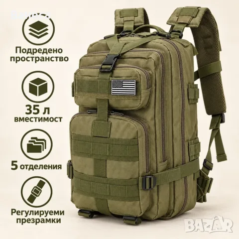 Туристическа тактическа раница 35 л – водоустойчива, MOLLE система, 5 отделения и товар до 20 кг, снимка 2 - Раници - 56234775