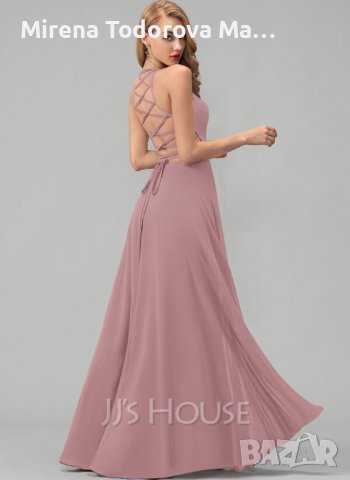 Абитуриентски рокли от шифон с дължина до пода с трапезарно деколте и разцепена предна част EU38 M-1