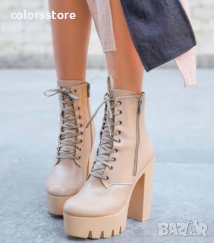 Боти на ток - бежова кожа - BT13, снимка 2 - Дамски боти - 33501895