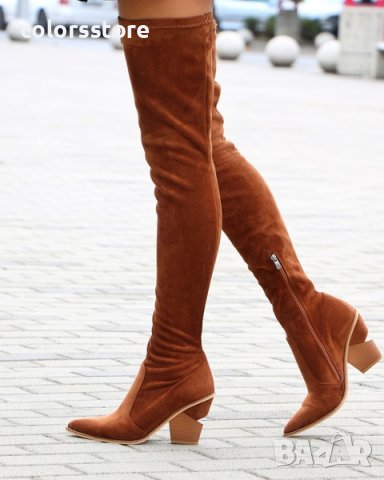 Ботуши на ток - кафяв велур - O350, снимка 2 - Дамски ботуши - 35341330