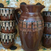 Троянска битова керамика - комплект кана 1 л., 6 бр.чаши 150 мл., 5 бр. чаши 100 мл., снимка 1 - Сервизи - 42610852