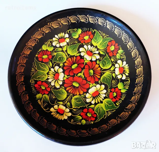 Винтидж. Дървена, ръчно рисувана лакирана чиния за стена  , снимка 1