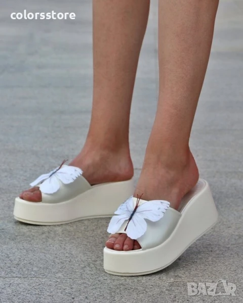 Чехли на платформа - бяла перла с пеперуда - CL765

, снимка 1