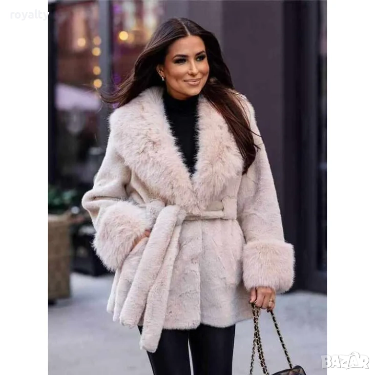 Дамско еко-палто с колан и шал яка, снимка 1