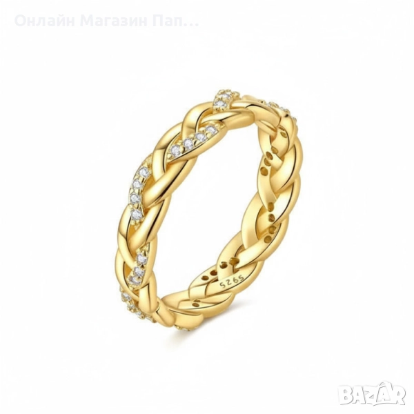 Сребърен пръстен от 925 стерлингово сребро с циркони - преплетени нишки, златист цвят, снимка 1