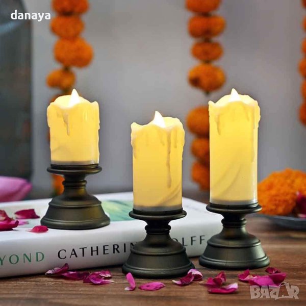 4169 Комплект реалистични електронни свещи на поставка, 3 броя, снимка 1
