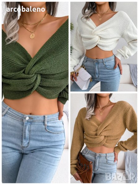 Дамски плетен пуловер с дълъг ръкав и отворен пъп, 3цвята , снимка 1