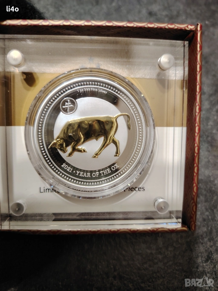 Сребърна монета с частично позлатяване 24 каратово златно покритие 1oz Proof 31.1грама 2021г , снимка 1