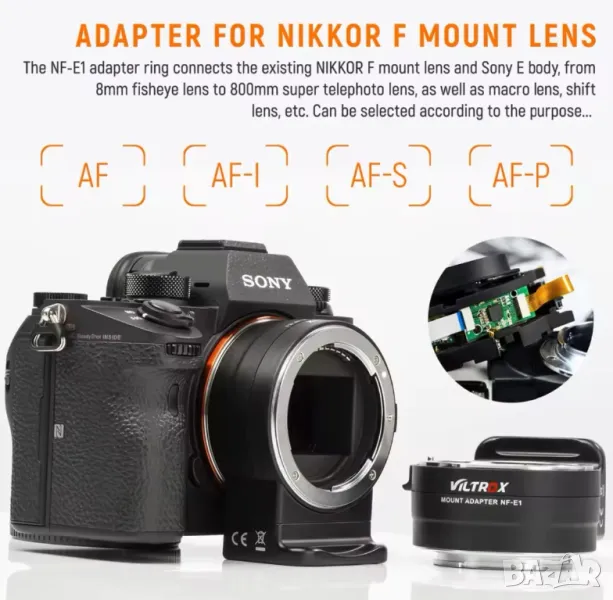 Адаптер Viltrox за Nikon F обективи към Sony E тяло, снимка 1