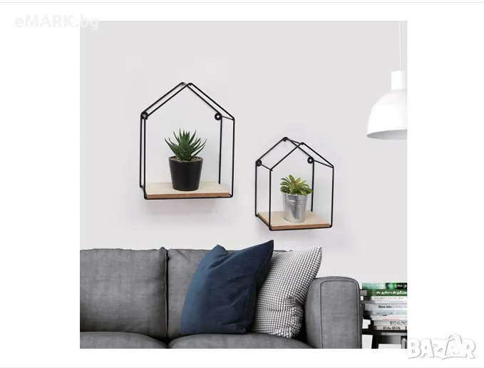 Комплект от 2 броя рафтове за стена от дърво и метал в цвят бежов/черен, снимка 1