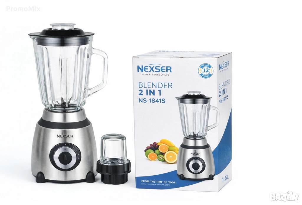 Блендер 2в1 Nexser NS1841S 1.5л 600W Мелничка Чопър Стъклена кана Лед Смути Шейк, снимка 1