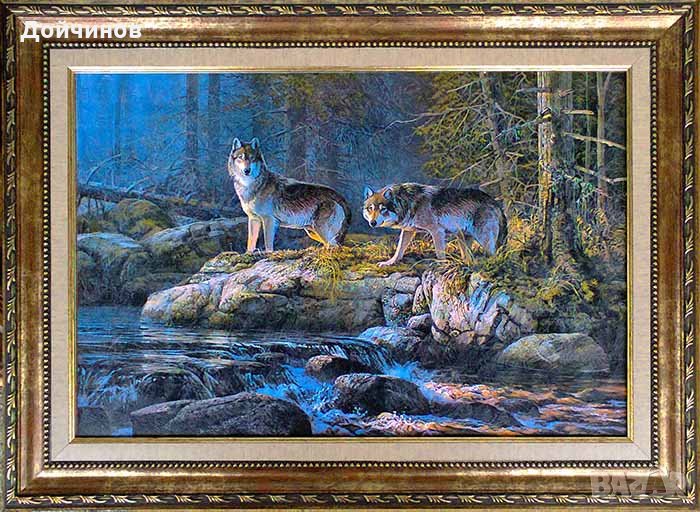 Пейзаж с вълци край река, картина, снимка 1