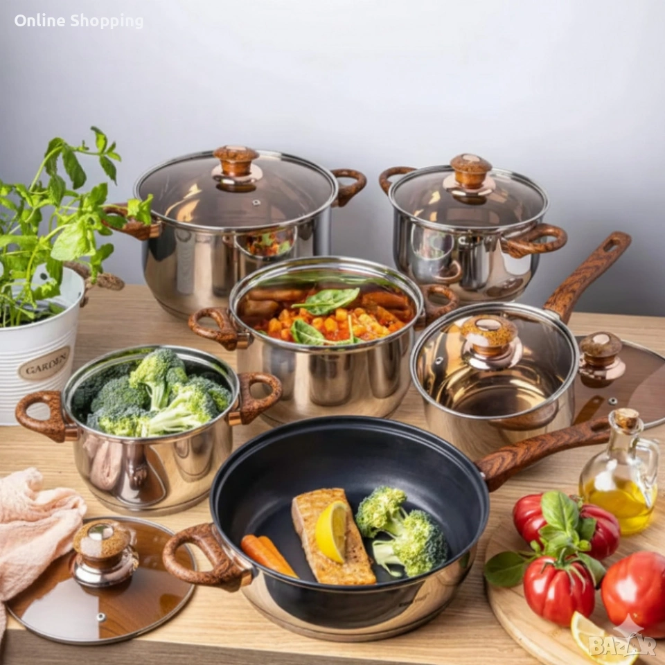 Комплект съдове за готвене от 12 части – Неръждаема стомана, равномерно нагряване и лесна поддръжка, снимка 1